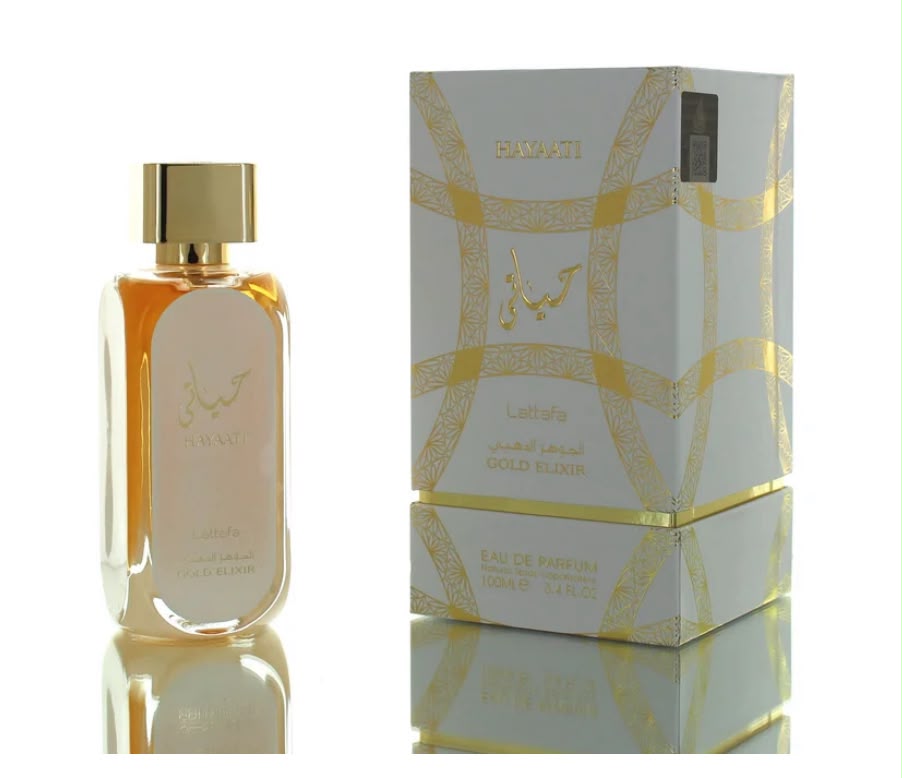Flacon et boîte de Hayaaty Gold Elixir de Lattafa